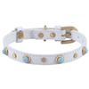 white leather dog collar with turquoise color glass cabochons and round brass studs