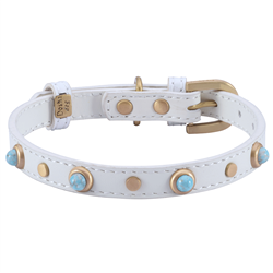 white leather dog collar with turquoise color glass cabochons and round brass studs