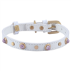 white leather dog collar with lavender color glass cabochons and round brass studs