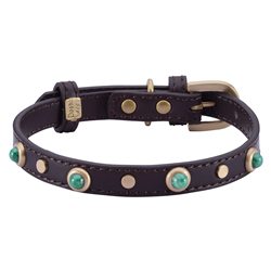 brown leather dog collar with green glass cabochons and round brass studs
