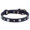 blue leather dog collar with turquoise color glass cabochons and round brass studs