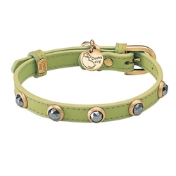 Green leather dog collar with faceted Hematite gem stone