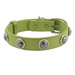 Green leather dog collar with faceted Hematite gem stone