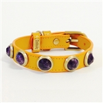 Yellow leather dog collar with faceted Amethyst gemstone cabochons