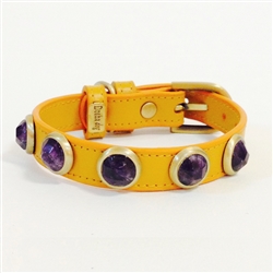 Yellow leather dog collar with faceted Amethyst gemstone cabochons