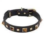 Brown leather dog collar with brass studs and pyramid Tiger Eye cabochons