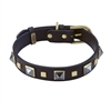 Brown leather dog collar with brass studs and pyramid Hematite cabochons