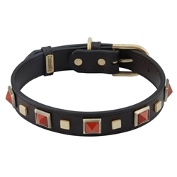 Brown leather dog collar with brass studs and pyramid Red Jasper cabochons