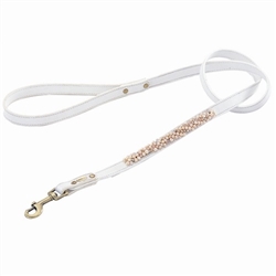 White leather dog leash with beaded Pearl and Rose Quartz.