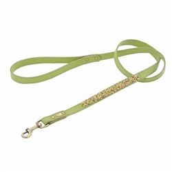 Green leather dog leash with beaded Yellow Jade and Picture Jasper.
