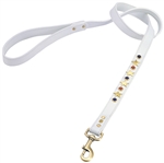 White leather dog leash with brass star studs, blue sand stone and red jasper cabochons