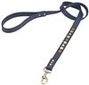 Dark Blue leather dog leash with brass star studs, red jasper and white cat eye cabochons