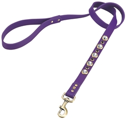 Purple leather dog leash with faceted crystal rhinestones and Amethyst cabochons
