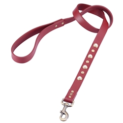 Red leather dog leash with glass pearl and round brass studs