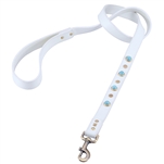 White leather leash with turquoise color glass cabochons and round brass studs