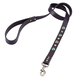 Brown leather dog leash with malachite color glass cabochons and round brass studs