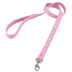 Pink leather dog leash with glass pearl cabochons and round brass studs