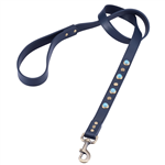 Blue leather dog leash with turquoise color glass cabochons and round brass studs