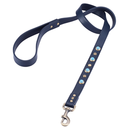 Blue leather dog leash with turquoise color glass cabochons and round brass studs