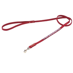 Red leather dog leash with beaded pink Quartz & Rhodonite gem stone