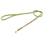 Green leather dog leash with beaded Rhodonite & Aventurine.