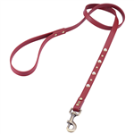 Red leather dog leash with glass pearl cabochons and round brass studs