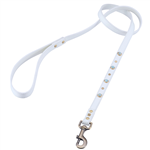 White leather dog leash with turquoise color glass cabochons and round brass studs