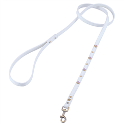 White leather dog leash with lavender glass cabochons and round brass studs