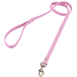 pink leather dog leash with glass pearl cabochons and round brass studs