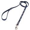 blue leather dog leash with turquoise color glass cabochons and round brass studs