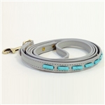 Gray mini leather dog leash with turquoise tube-shaped beads