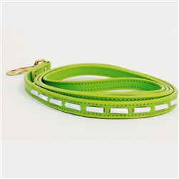 Green mini leather dog leash with mother of pearl tube-shaped beads