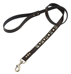 Brown leather dog leash with brass studs and pyramid Hematite cabochons