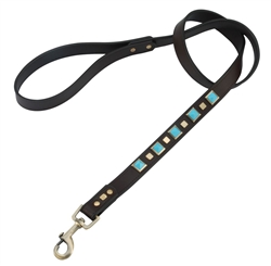 Brown leather dog leash with brass studs and pyramid Turquoise cabochons